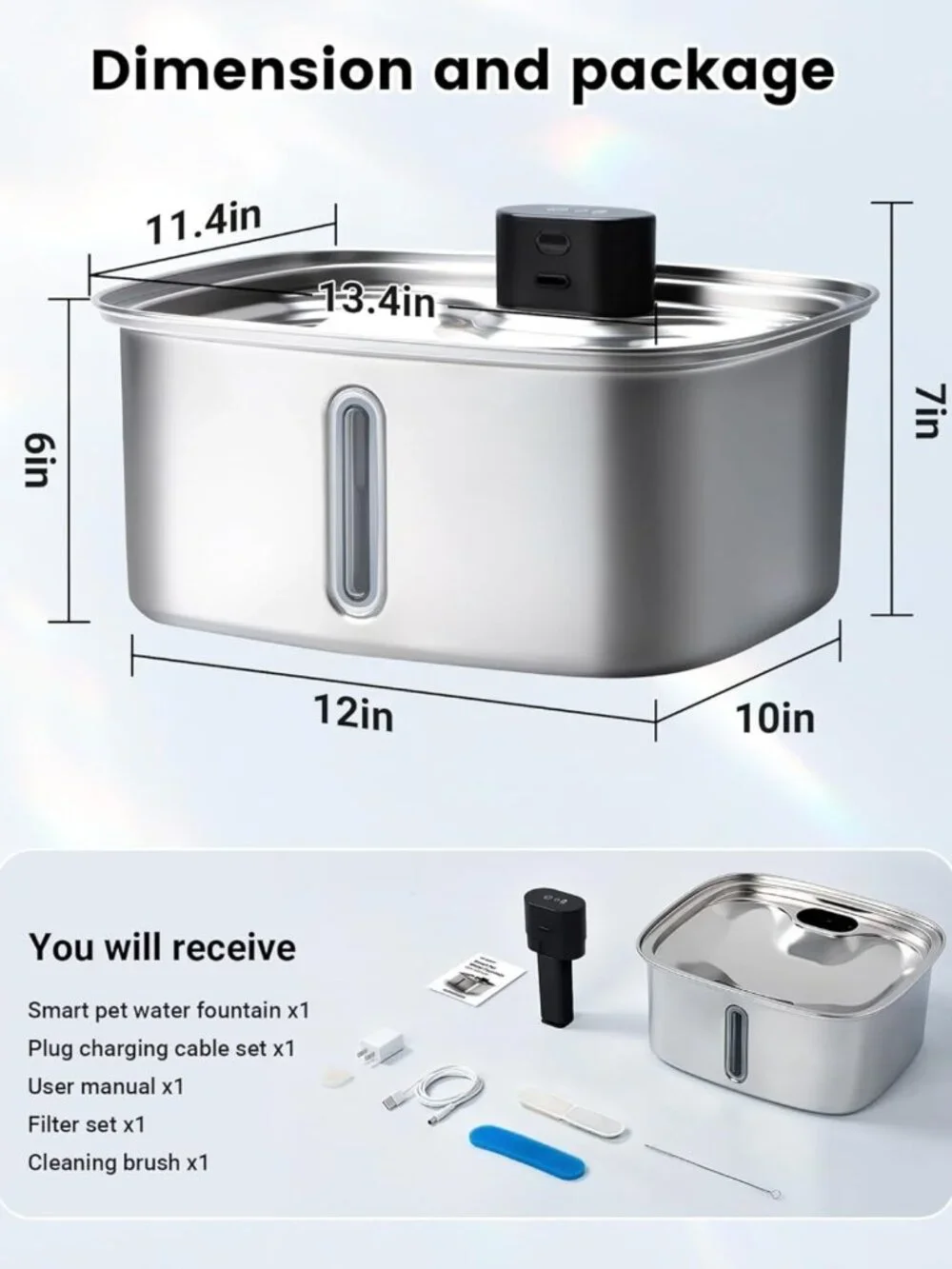 Large 10L Cordless Dog Water Fountain - Stainless Steel, APP Monitoring